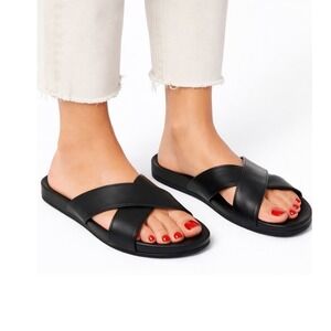 Birdies Black Leather Crisscross Slide Sandals Women's 7.5 Minimalist Comfort